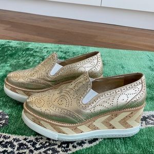 Miu Miu Gold Wedge Cork Platform Oxford